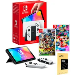 NINTENDO - Consola Switch Oled Blanco+ Mario Kart 8 +Mario Strikers+Mica.