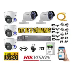 HIKVISION - CÁMARAS SEGURIDAD KIT 5 FULL HD 3 CAMARA AUDIO INCORPORADO + DISCO 1TB