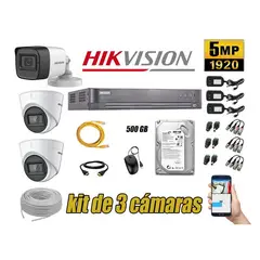 Hikvision - CÁMARAS SEGURIDAD KIT 3 5MP + DISCO 500GB COMPLETO HDMI