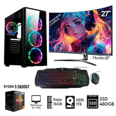 AMD - Computadora PC GAMER RYZEN 5 5600GT RAM 16GB DISCO 1TB+SSD 480GB MONITOR 27 FHD