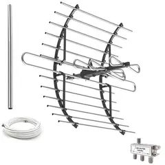 GENERICO - Antena Digital Exterior Tv Tdt Curva Grande Más Splitter 3 vías