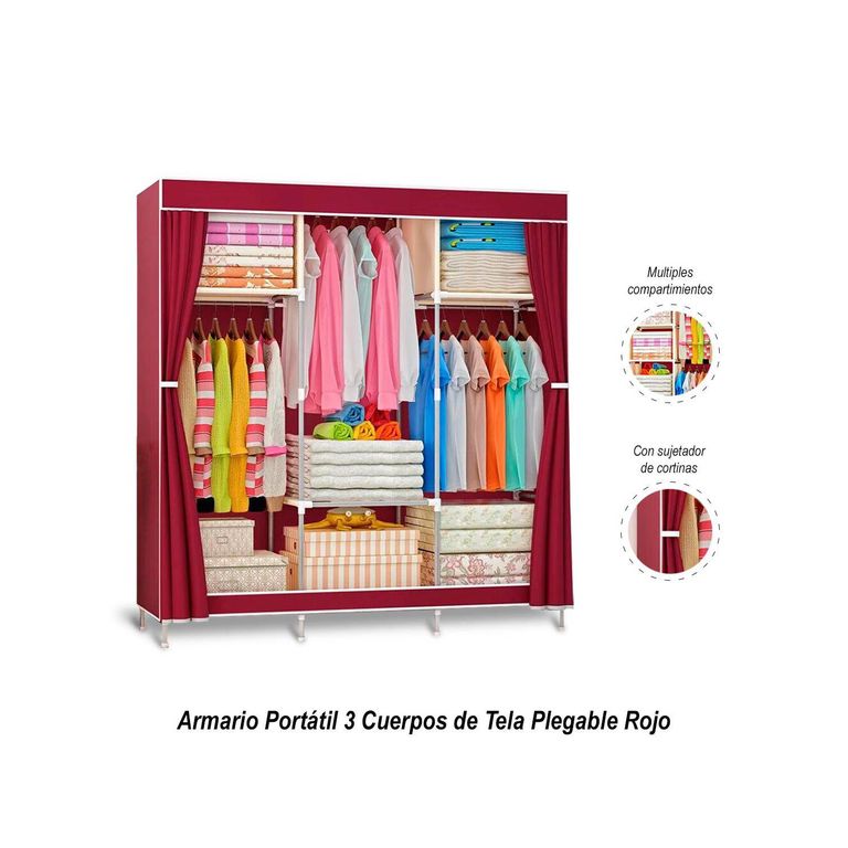 Armario Portátil 3 Cuerpos de Tela Plegable Rojo