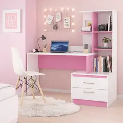 GENERICO - Escritorio con Estante Ensueño de Melamina Compacto V2 Blanco Rosado