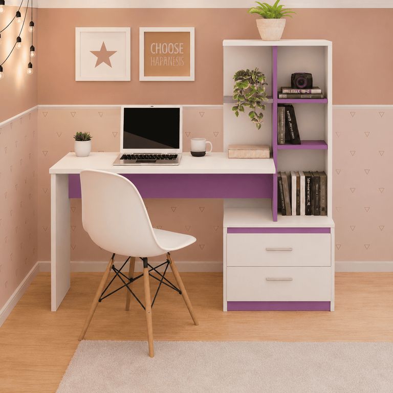 Escritorio con Estante Ensueño de Melamina Aura Blanco Violeta
