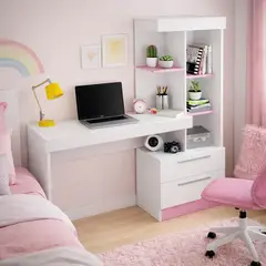 GENERICO - Escritorio con Estante Ensueño de Melamina Compacto V6 Blanco Rosa