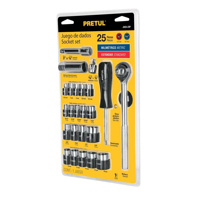 Set de herramientas ratchet y dados 25 piezas, Pretul