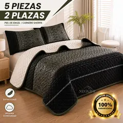 GENERICO - Cobertor Negro y Gris de 2 Plazas 5 Piezas - Piel de Angel con interior en Cordero Sharpa