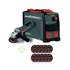 GLADIATOR - INVERTER 200 AMP DE CONECTORES 3/8 + AMOLADORA + DISCOS