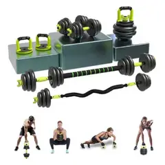 URBAN FIT - Set 30 Kilos Pesas mancuernas, barra zeta + barra recta , AB roller + Guantes