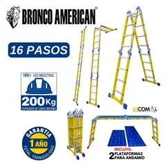 BRONCO AMERICAN - Escalera Fibra de Vidrio Multiposición de 16 Pasos 4x4.