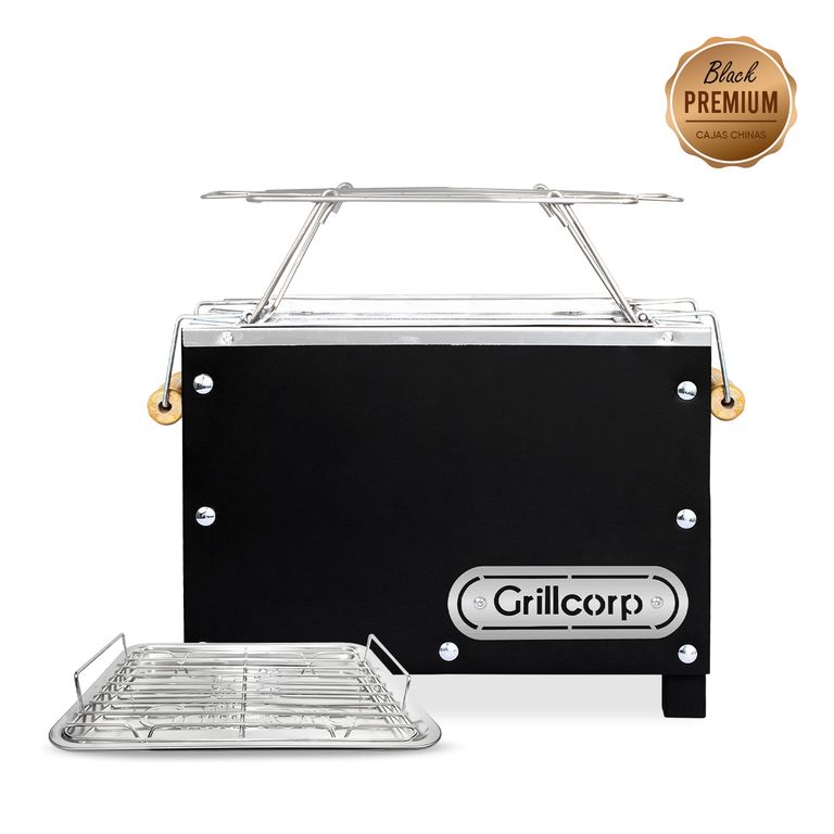 Caja China Mini Black Premium + Parrilla de Varillas Niqueladas