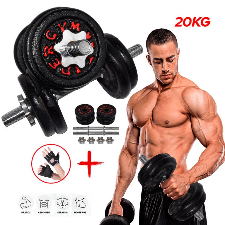 Pesas Set de 20Kg Nacionales 4 discos de 3KG 4 discos de 2KG + Mancuernas Cromadas + Guantes gratis