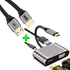 VARIOS - Pack Adaptador 4 en 1 USB C a HDMI 4K, VGA USB 3.0 PD + Cable HDMI 2.1