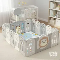 GENERICO - CORRAL CORRALITO INFANTIL PLEGABLE LEONCITO COLOR GRIS Y ALFOMBRA 150 x 180 CMT