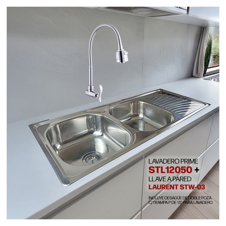 COMBO DE LAVADERO PRIME STL12050 STONE + LLAVE A LA PARED LAURENT STW-03 STONE