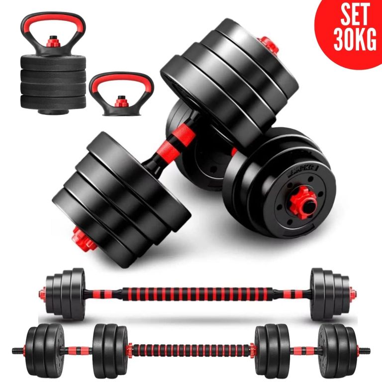 Mancuernas Set de 30 Kg Convertibles + Barra + Asas