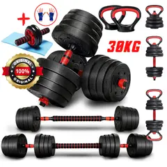 HOLGU - Pesas 30kg Set Convertible Barra Y Pesa Rusa + Rueda AB + Guantes