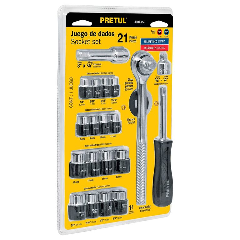 Juego de 21 herramientas 1/4" y 3/8" para mecánico, Pretul