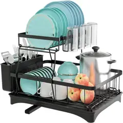 ELMEJORPRECIO - Escurridor De Platos 2 Niveles Con Drenaje Y Posavasos Negro
