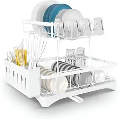 ELMEJORPRECIO - Escurridor De Platos 2 Niveles Con Drenaje Y Posavasos Blanco