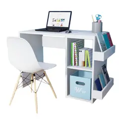 WONDER WOOD MUEBLERIA - Escritorio Harvey con 2 compartimientos y 2 portalibros Blanco + Silla