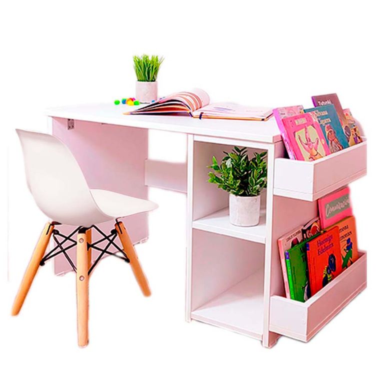 Escritorio Montessori para Niños 2 a 7 años + Silla Wonder Wood Muebleria con 2 compartimientos y 2 portacuentos Blanco
