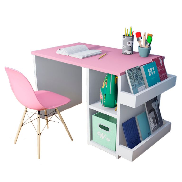 Escritorio Montessori para Niños 2 a 7 años + Silla Wonder Wood Muebleria con 2 compartimientos y 2 portacuentos Rosado
