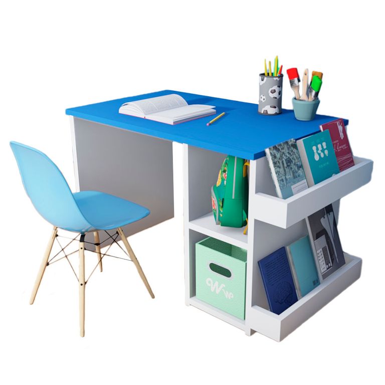 Escritorio Montessori para Niños 2 a 7 años + Silla Wonder Wood Muebleria con 2 compartimientos y 2 portacuentos Azul