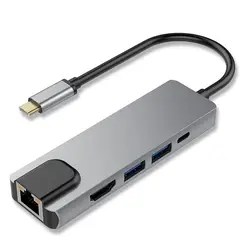 GENERICO - Adaptador Tipo C 5 Puertos 2 Usb 3.0 Hdmi Rj45 Lan Tipo C