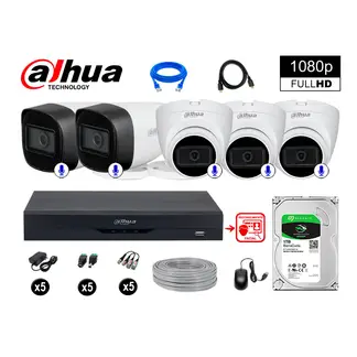 DAHUA - CÁMARAS SEGURIDAD KIT 5 CON AUDIO FHD +DISCO 1TB REC FACIAL