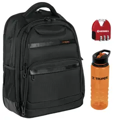 Truper - Combo mochila porta laptop, Tomatodo 740 ml y candado de combinación