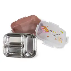 GENERICO - Táper de Acero Inoxidable con 3 Divisiones para Niños - Marrón