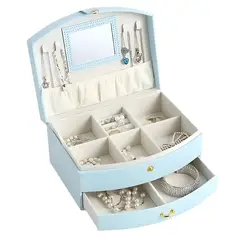 ELMEJORPRECIO - Joyero para aretes collares 2 niveles con espejo M8 Celeste