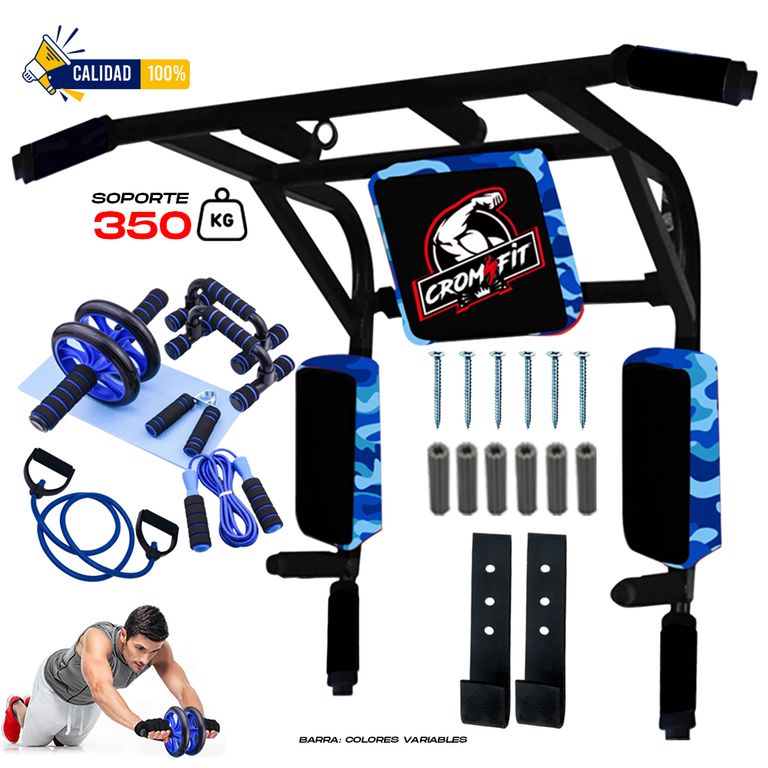 Barra Multifuncional 15 en 1 + Combo: Push Up + Hand Grip + Liga de Resistencia + Salta Soga + Rueda AB