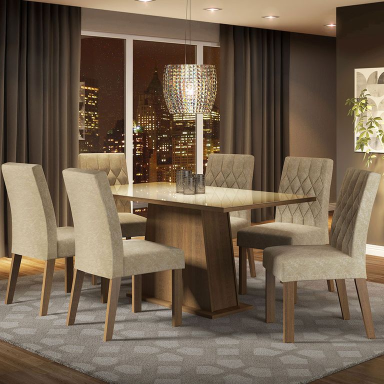 Juego de Comedor Stéfani con 6 Sillas - Tablero de Madera y Cristal