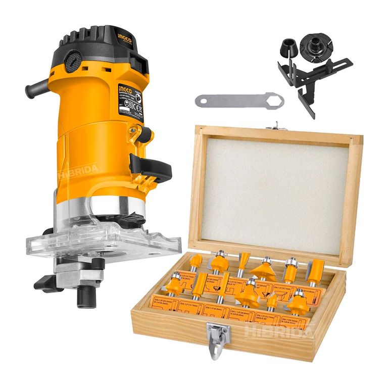 COMBO RUTEADORA DE PALMA 500W 1/4' INGCO + SET DE 12 FRESAS DE 6MM