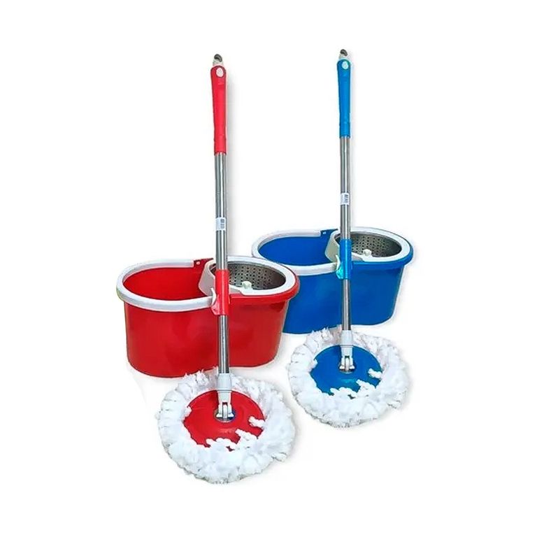 Trapeador Escurridor Giratorio Con 2 Mopas Acero Azul Rojo