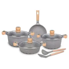 GENERICO - Juego De Olla Roca Volcanica Antiadherente 9pcs Color Gris - MGC