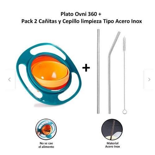 Plato Giratorio Anti Derrame+Pack 2 Cañitas y Cepillo