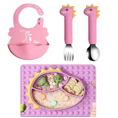 GENERICO - Plato para bebe con cubiertos modelo dinosaurio ROSADO