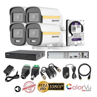 HIKVISION - Kit 4 Cámaras Seguridad Tubo FULLHD Color VU con AUDIO + 2TB