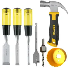 PRETUL - Combo formón 3 unidades, 1martillo, copa para cerraduras,