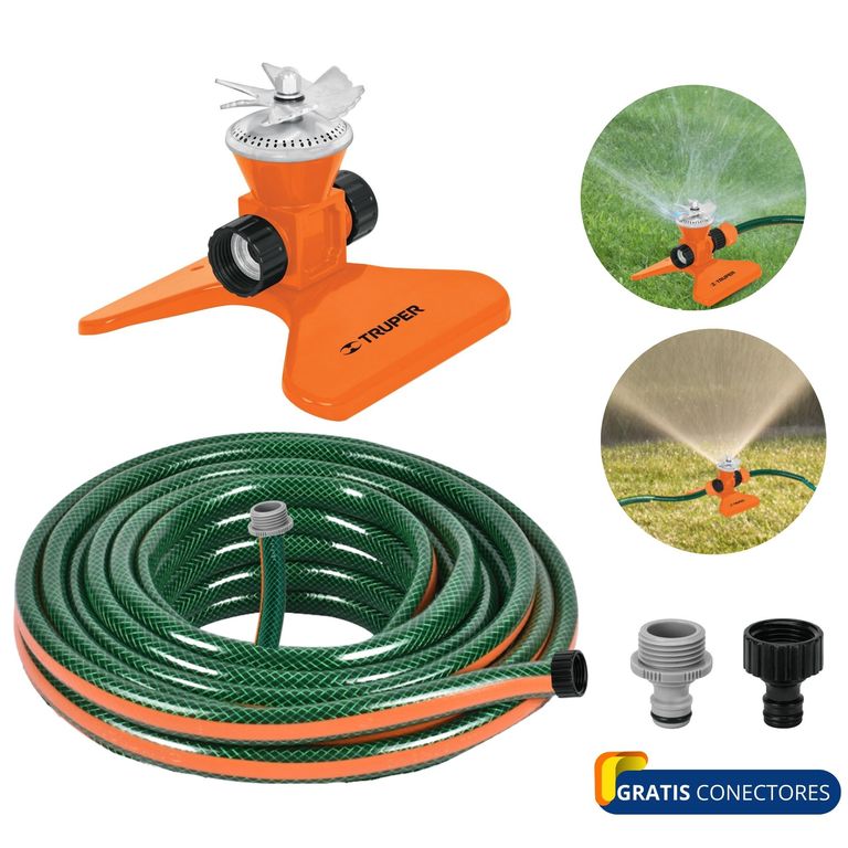 Combo regador aspersor base acero, manguera de riego 10 metros