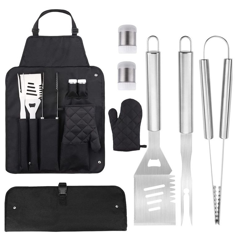 Set Parrillero Grande Utensilios en Acero con Mandil x 7 PC.