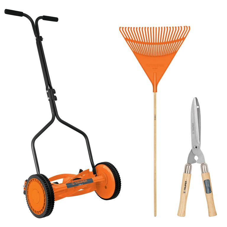 Podadora manual, mas Tijera de poda 50 cm y Escoba rastrillo Truper