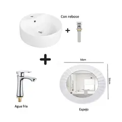 GENERICO - COMBO DE LAVATORIO REDONDO MAS GRIFERIA AGUA FRIA DESAGUE ESPEJO