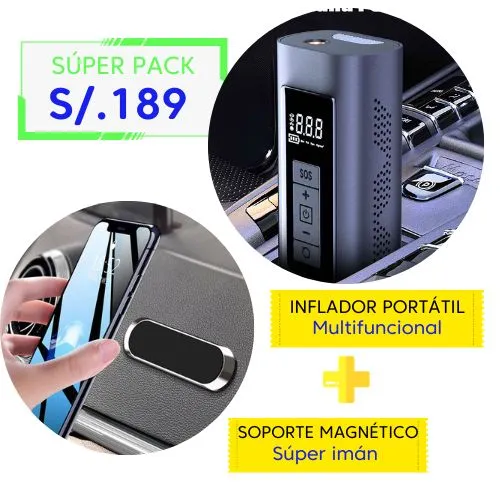 PACK INFLADOR PORTATIL PARA LLANTA DE CARRO MÁS SOPORTE