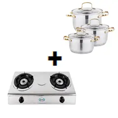ILUMI - Cocina de mesa de 2 Hornillas mas Juego de Ollas Royal