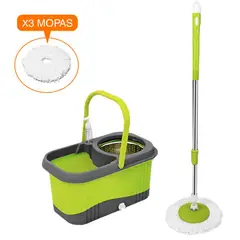 KELLER - Balde Escurridor Trapeador 3 Mopas + Dispensador Verde