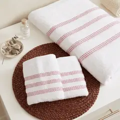 SLEEPER - Pack De 03 Toallas 100% Algodón 480grs Bahamas Blanco Con Rayas Roja